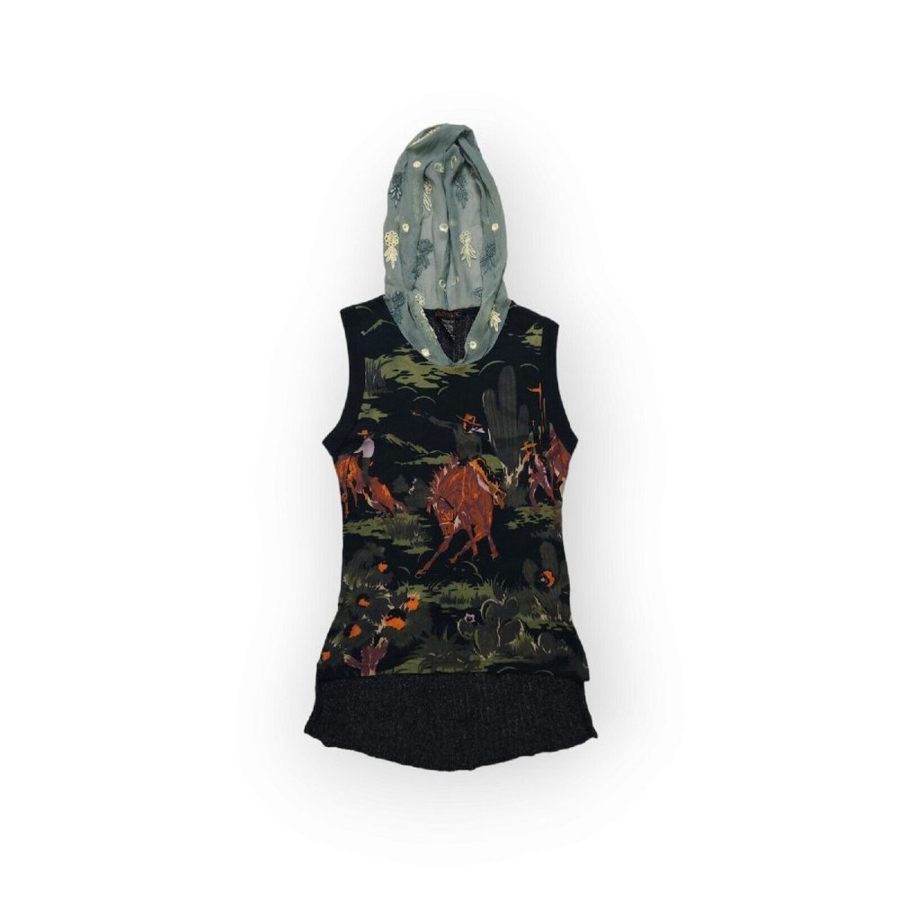 Custo Barcelona Multicolor Horse Print Hooded Tank - Black, Olive, Rust